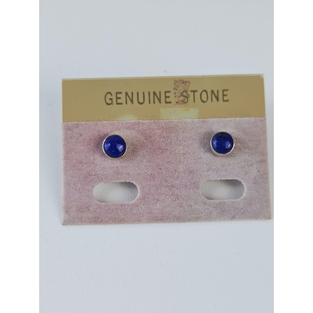 925 Sterling Silver Genuine Lapis Lazuli Round Cabochon Stud Earrings - Picture 2 of 6